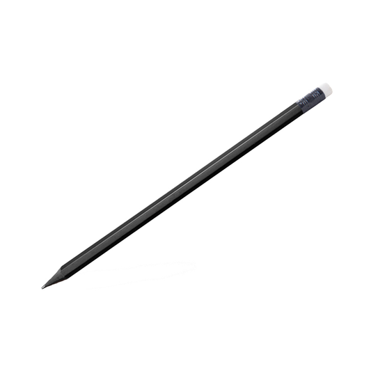 Superedeler Bleistift, griffig 6 eckig, schwarz durchgefärbt, mattschwarz lackiert, mit mattschwarzer Hülse und weißem Radierer